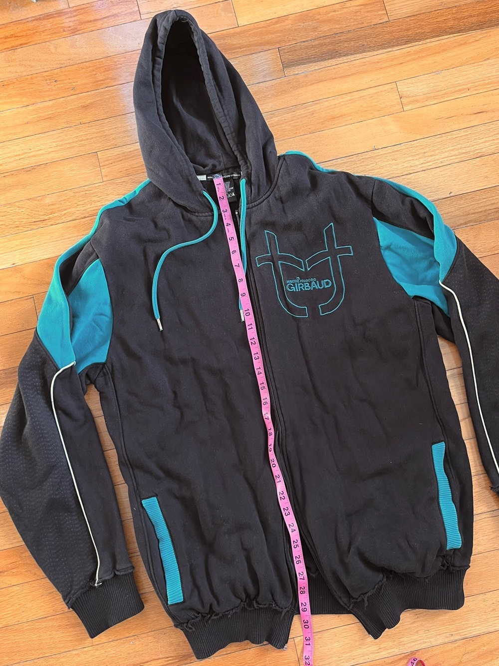 VTG Girbaud Full Zip Hoodie Black Teal Colorblock Sweatshirt Pockets Hip-Hop Y2K - Picture 6 of 7
